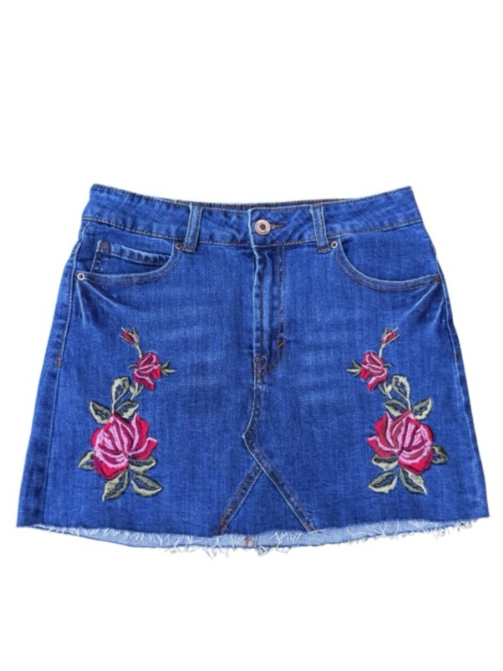 Streetware Society Embroidered Denim Jean Skirt Cutoff Hem Embroidered Stretch